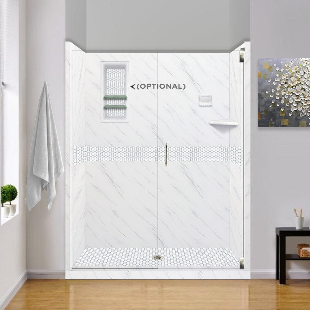 60" Alcove Carrara Medici Marble & Pearl Hex Mosaic Accent ("DIY Shower Remodel Kit")