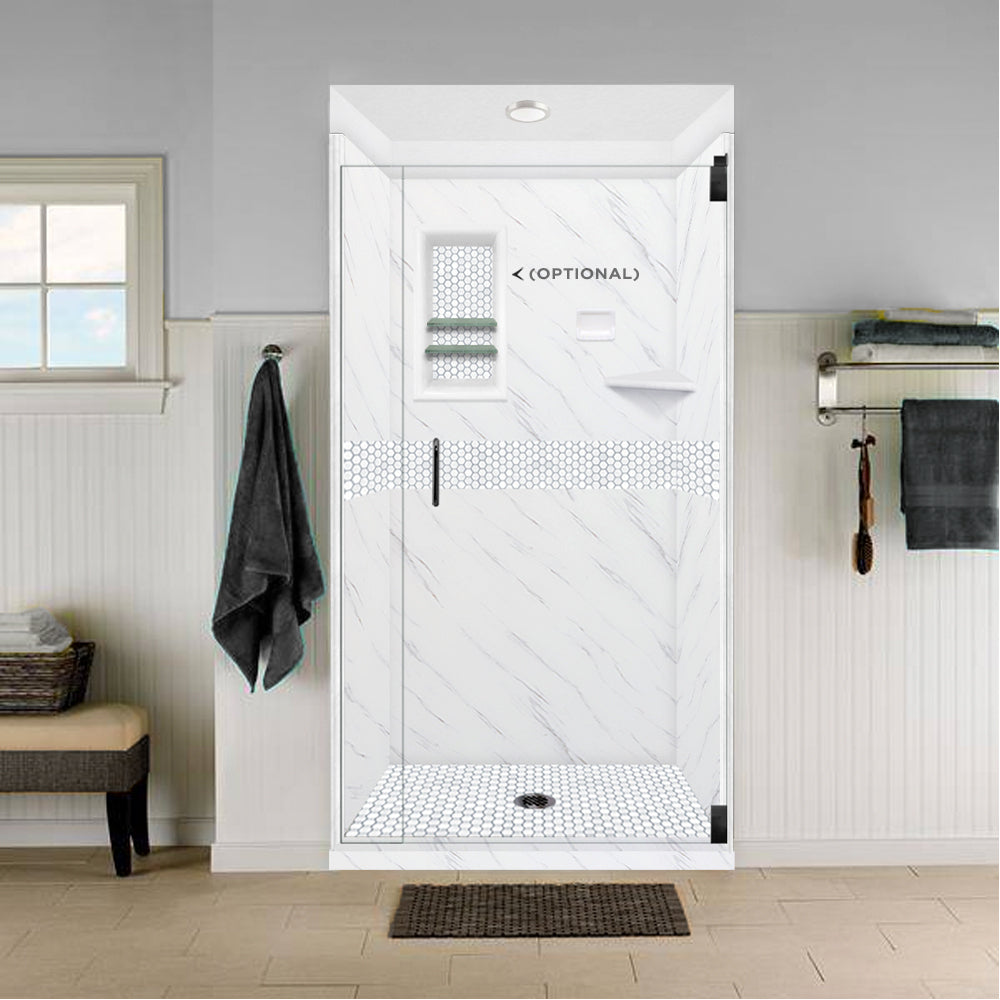 60" Alcove Carrara Medici Marble & Pearl Hex Mosaic Accent ("DIY Shower Remodel Kit")