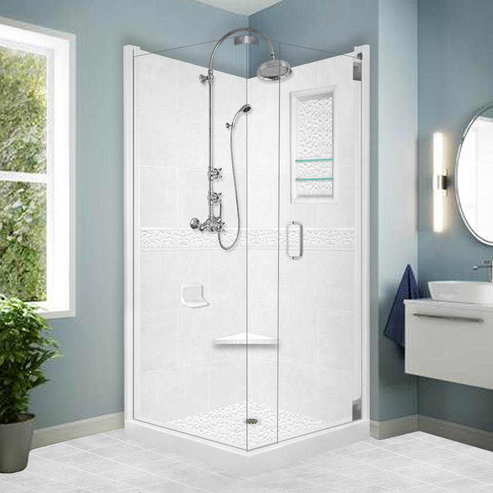 Corner Natural Buff Sistine Stone & Pebble Stone Accent Shower Remodel Kit