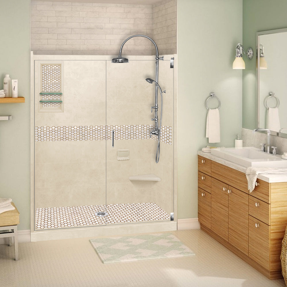 60" Alcove Desert Sand Sistine Stone & Honey Hex Mosaic Accent ("DIY Shower Remodel Kit")