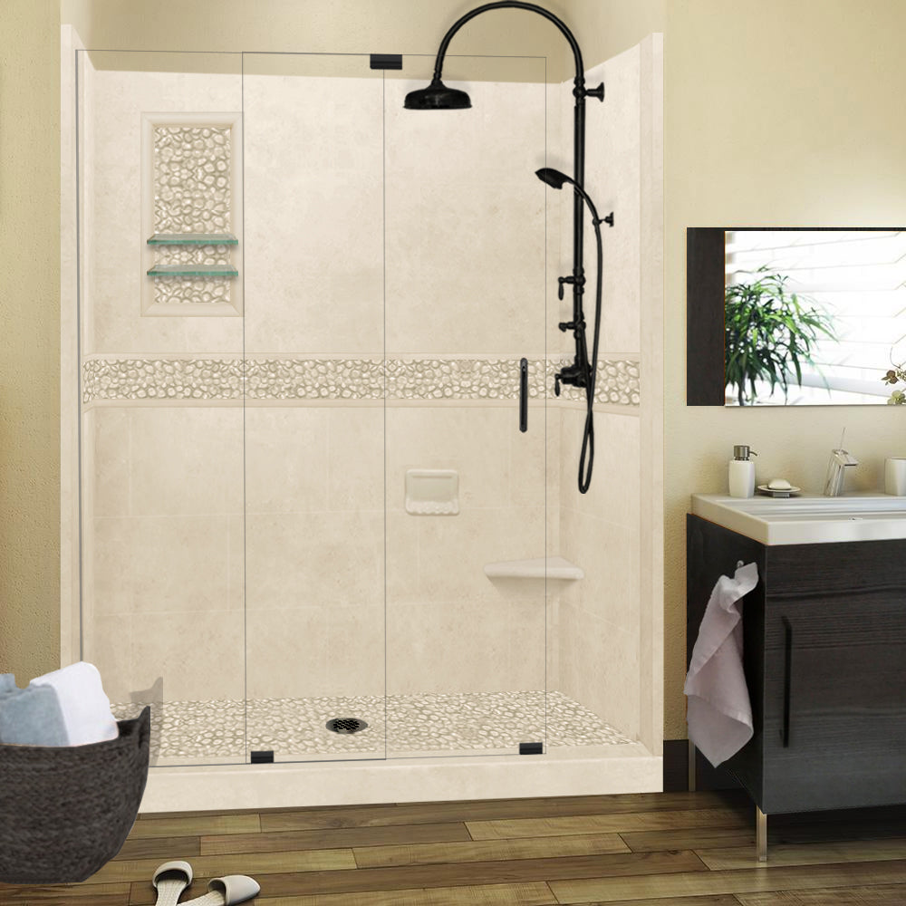 60" Alcove Desert Sand Sistine Stone & Pebble Stone Accent Shower Remodel Kit