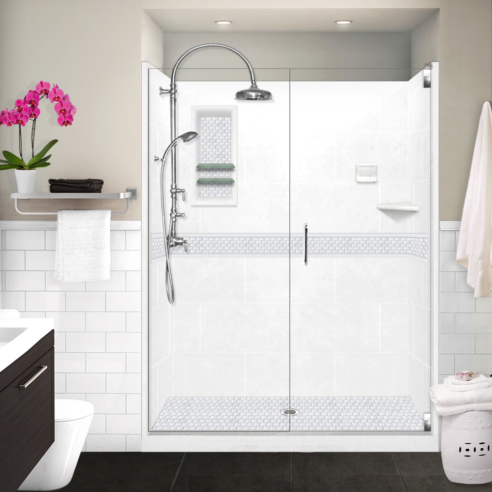 60" Alcove Natural Buff Sistine Stone & Jewel Stone Accent ("DIY Shower Remodel Kit")