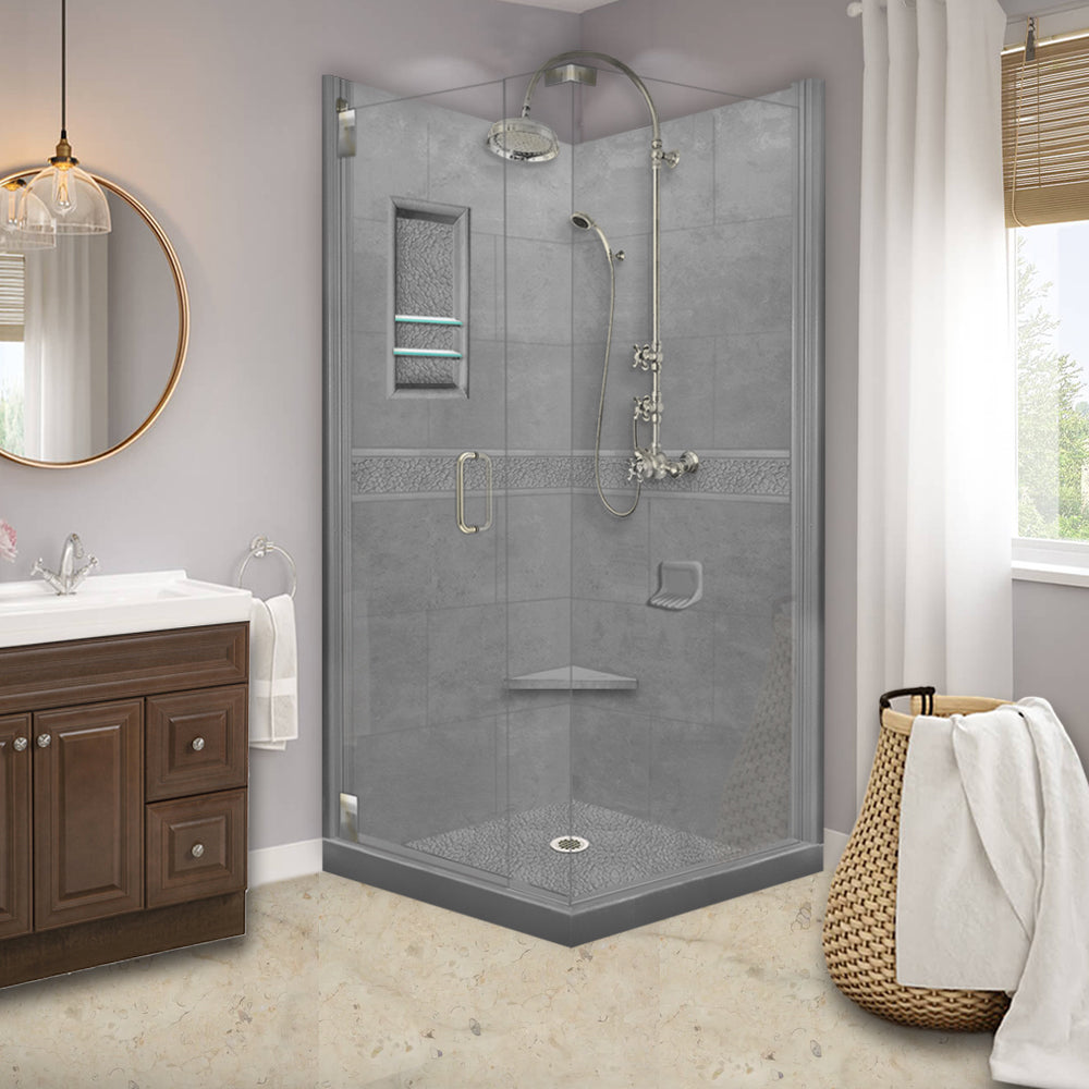 Corner Wet Cement Sistine Stone & Pebble Stone Accent Shower Remodel Kit