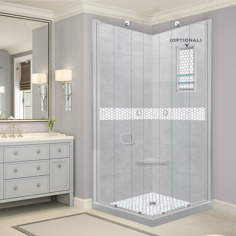 Corner Portland Cement Sistine Stone & Pearl Hex Mosaic Accent Shower Remodel Kit