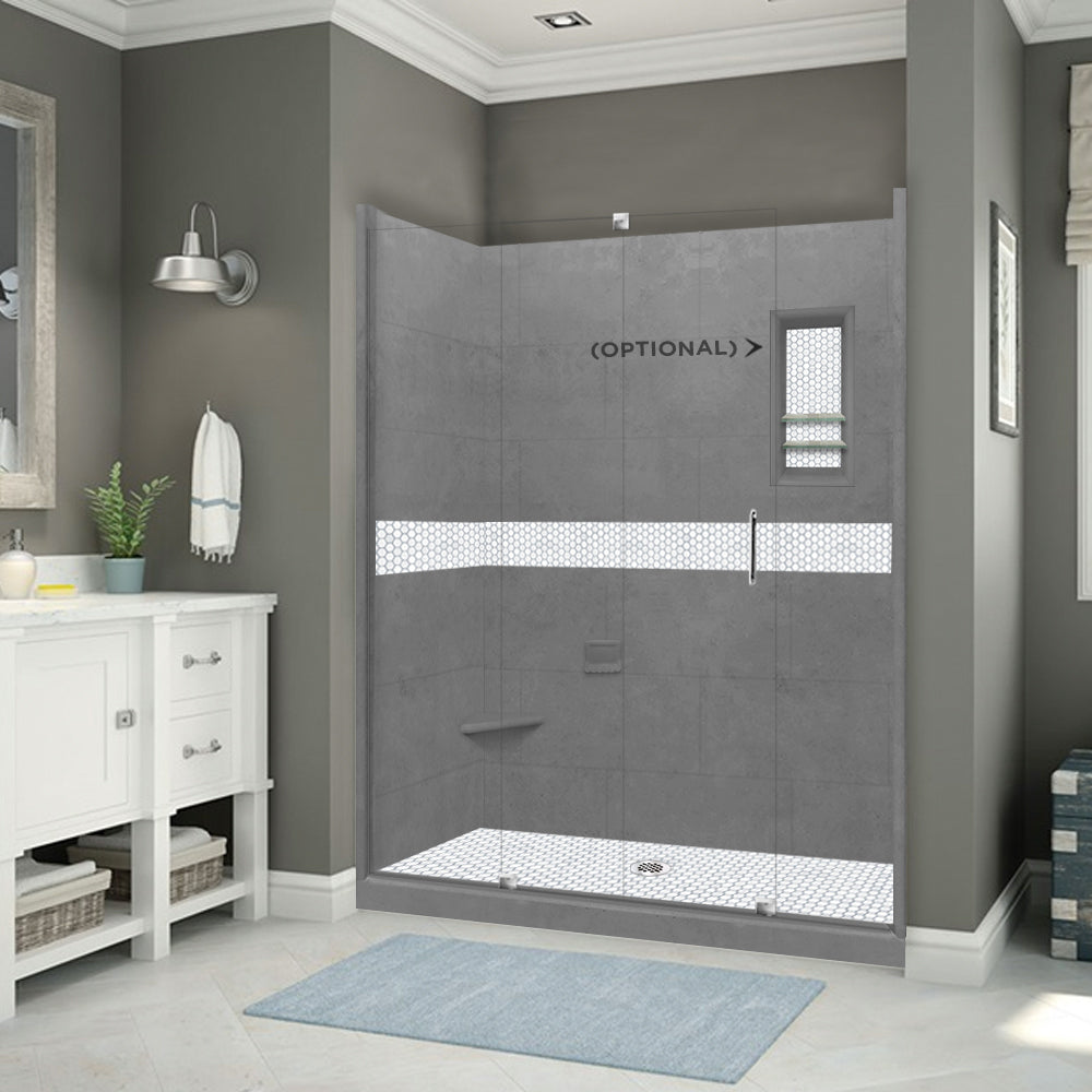 60" Alcove Wet Cement Sistine Stone & Pearl Hex Mosaic Accent ("DIY Shower Remodel Kit")