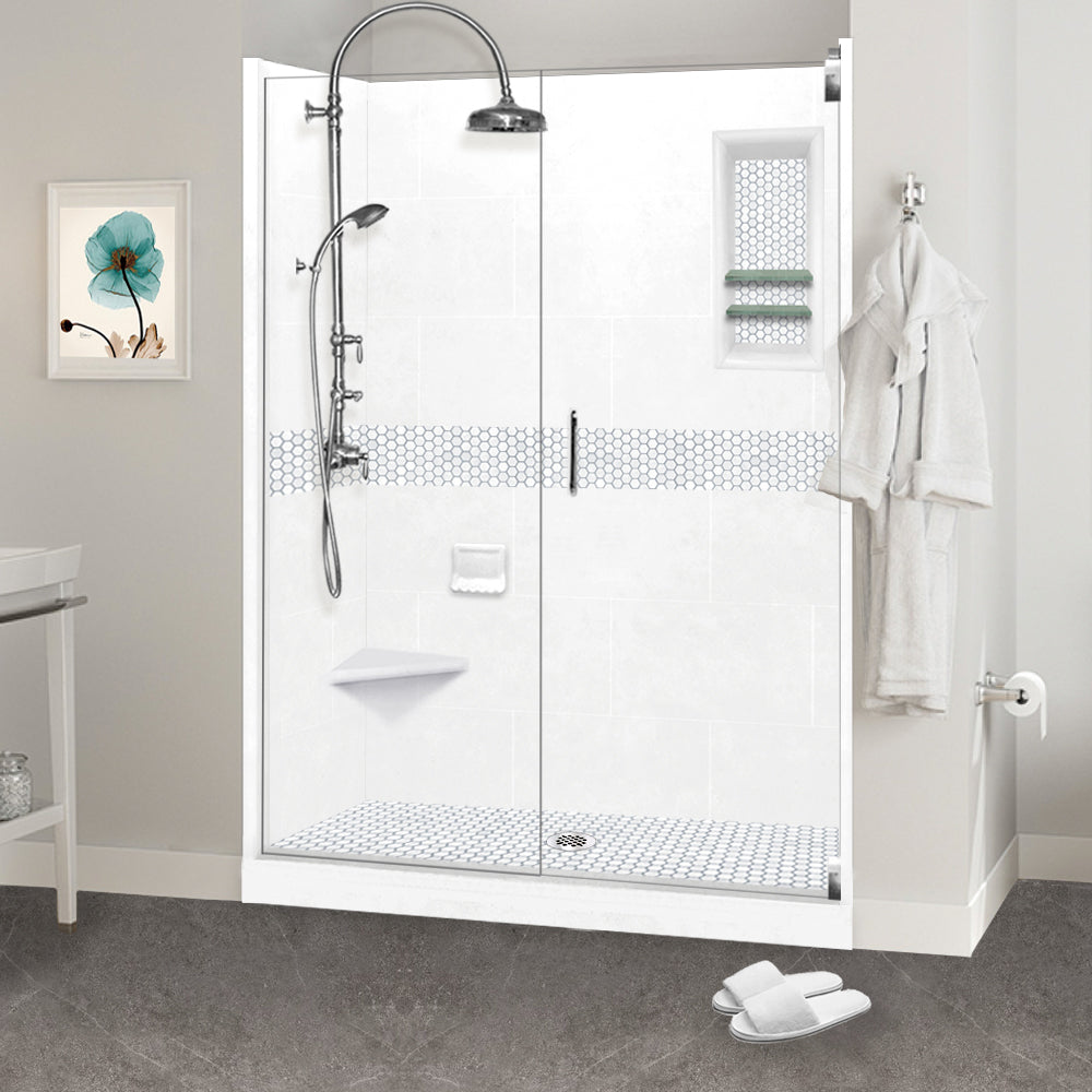 60" Alcove Natural Buff Sistine Stone & Pearl Hex Mosaic Accent ("DIY Shower Remodel Kit")