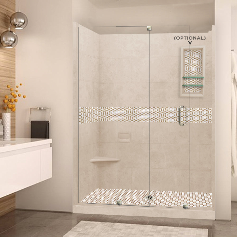 60" Alcove Brown Sugar Sistine Stone & Honey Hex Mosaic Accent ("DIY Shower Remodel Kit")