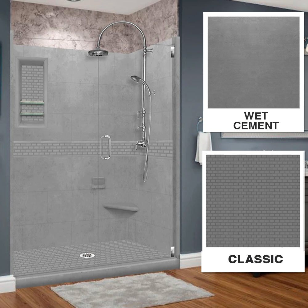 60" Alcove Wet Cement Sistine Stone & Classic Stone Accent ("DIY Shower Remodel Kit")