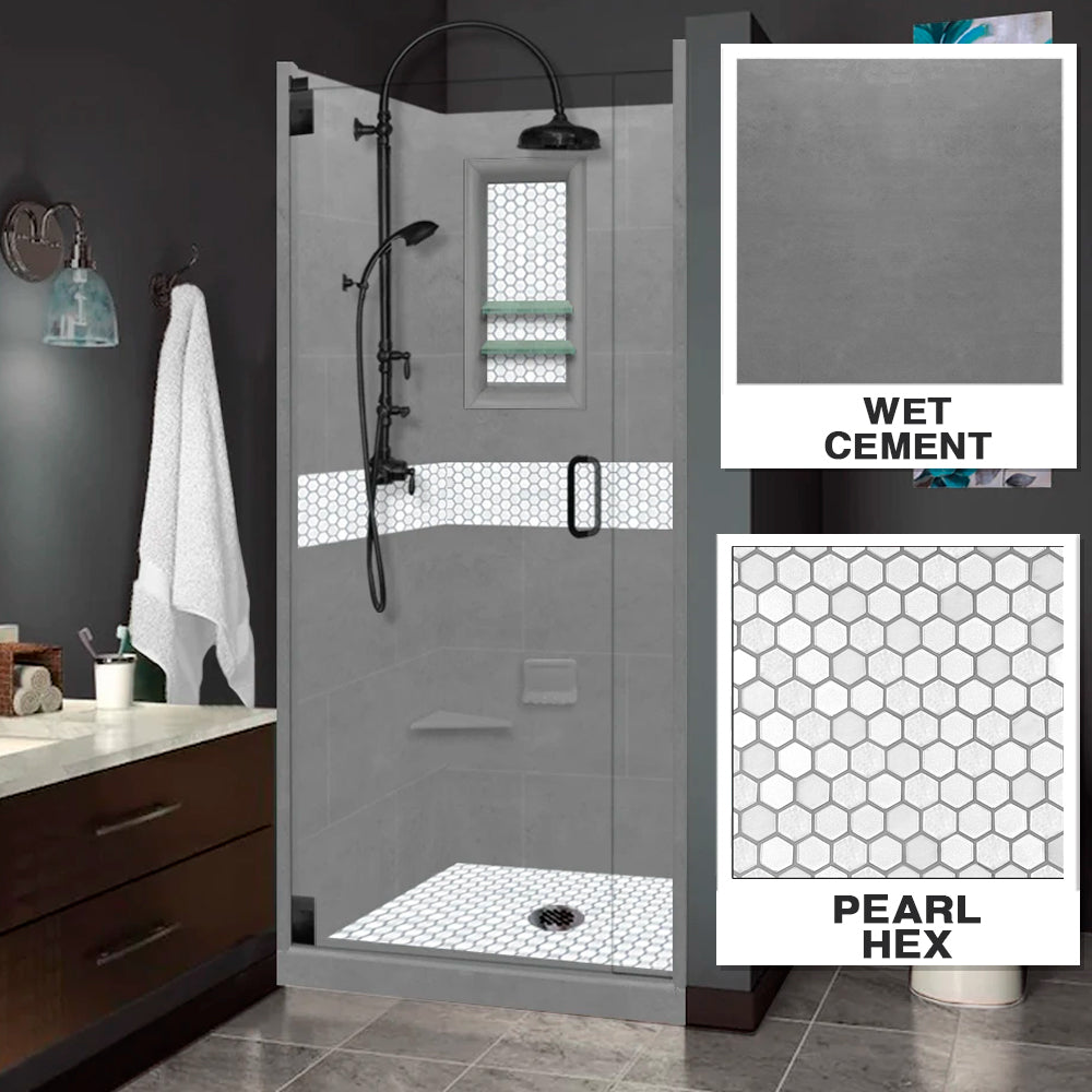 Pearl Hex Mosaic Wet Cement Corner Shower Enclosure Kit – American