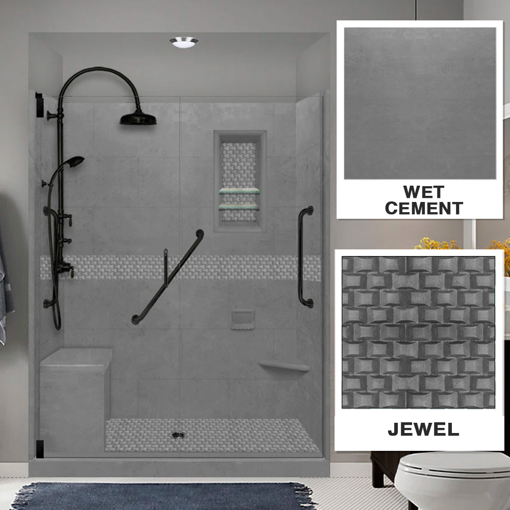 Freedom 60" Alcove Wet Cement Sistine Stone & Jewel Stone Accent ("DIY Shower Remodel Kit")