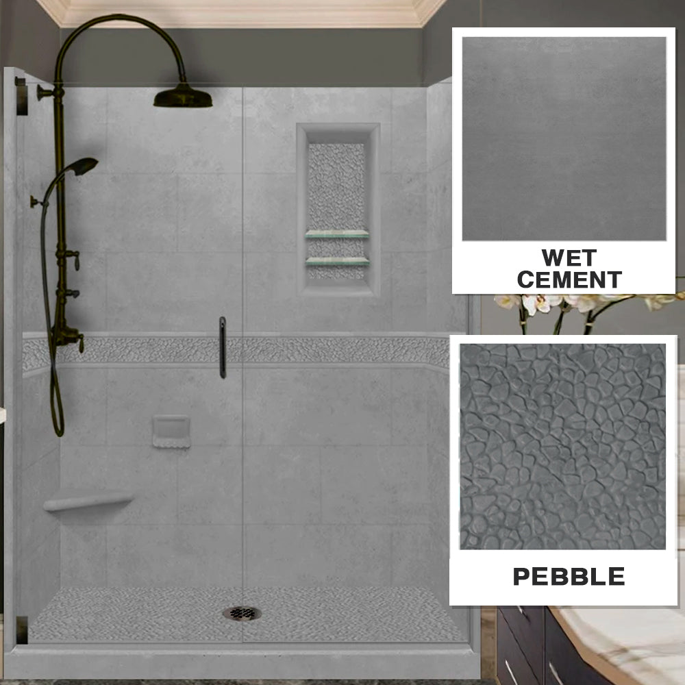 60" Alcove Wet Cement Sistine Stone & Pebble Stone Accent ("DIY Shower Remodel Kit")