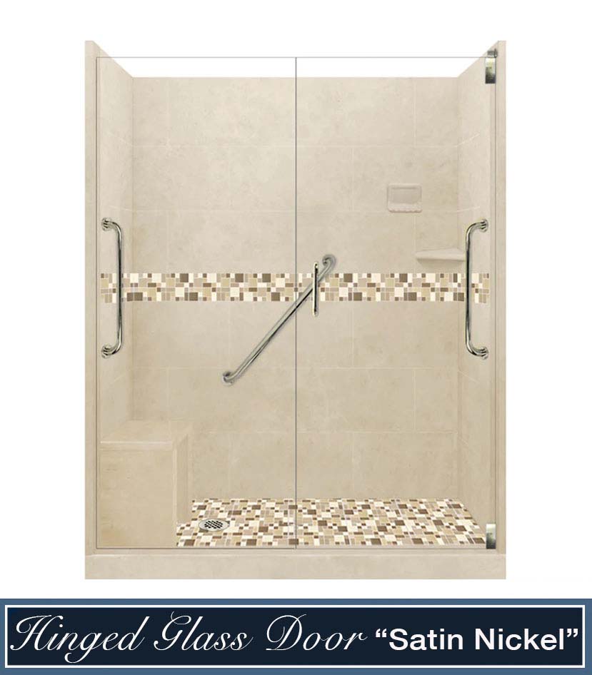 Clearance-Freedom 60" X 30" Tuscany Mosaic Desert Sand Left Drain Stone Alcove Shower Kit W/Glass Door (26)