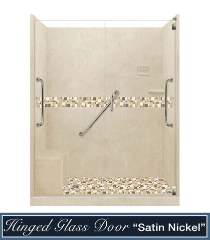 Clearance-Freedom 60" X 30" Tuscany Mosaic Desert Sand Center Drain Stone Alcove Shower Kit W/Glass Door (26)