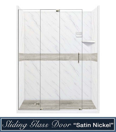 Clearance-60" X 36" Carrara Marble Sterling Oak Left Drain Alcove Shower Kit W/Slider Glass Door