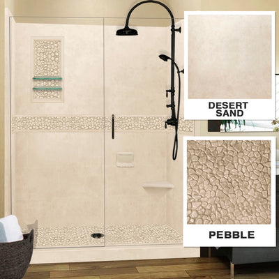 Pebble Desert Sand 60" Alcove Stone Shower Enclosure Kit