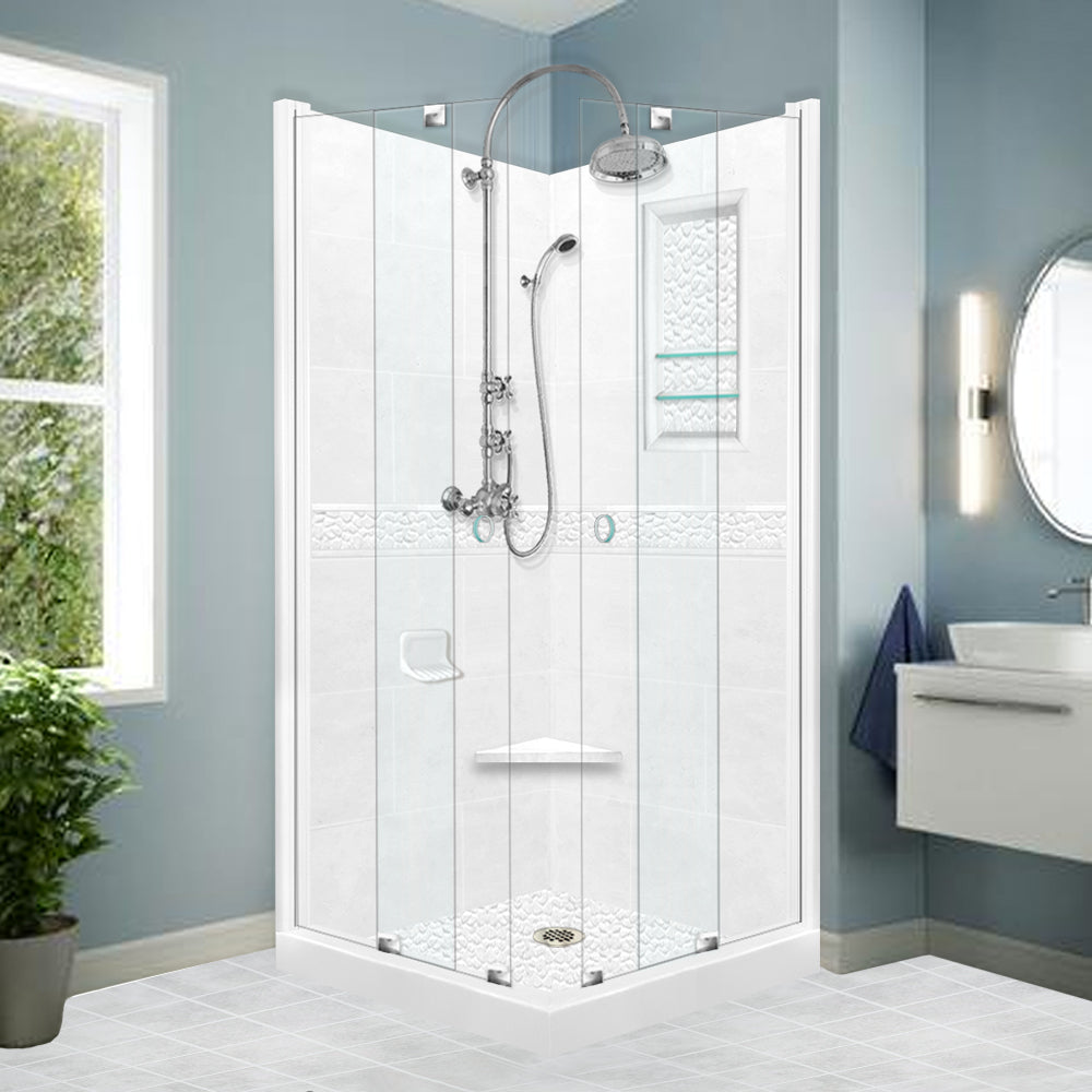 Corner Natural Buff Sistine Stone & Pebble Stone Accent Shower Remodel Kit
