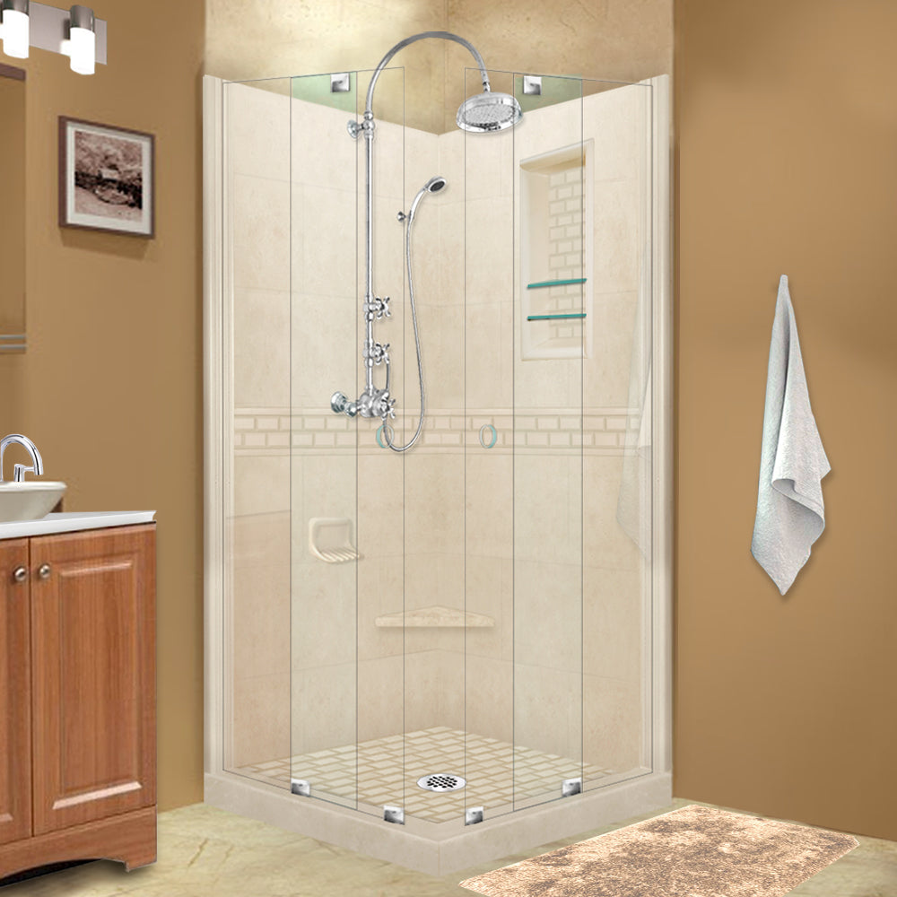 Natural Buff Corner Shower Enclosure Kit with Subway Black Accent