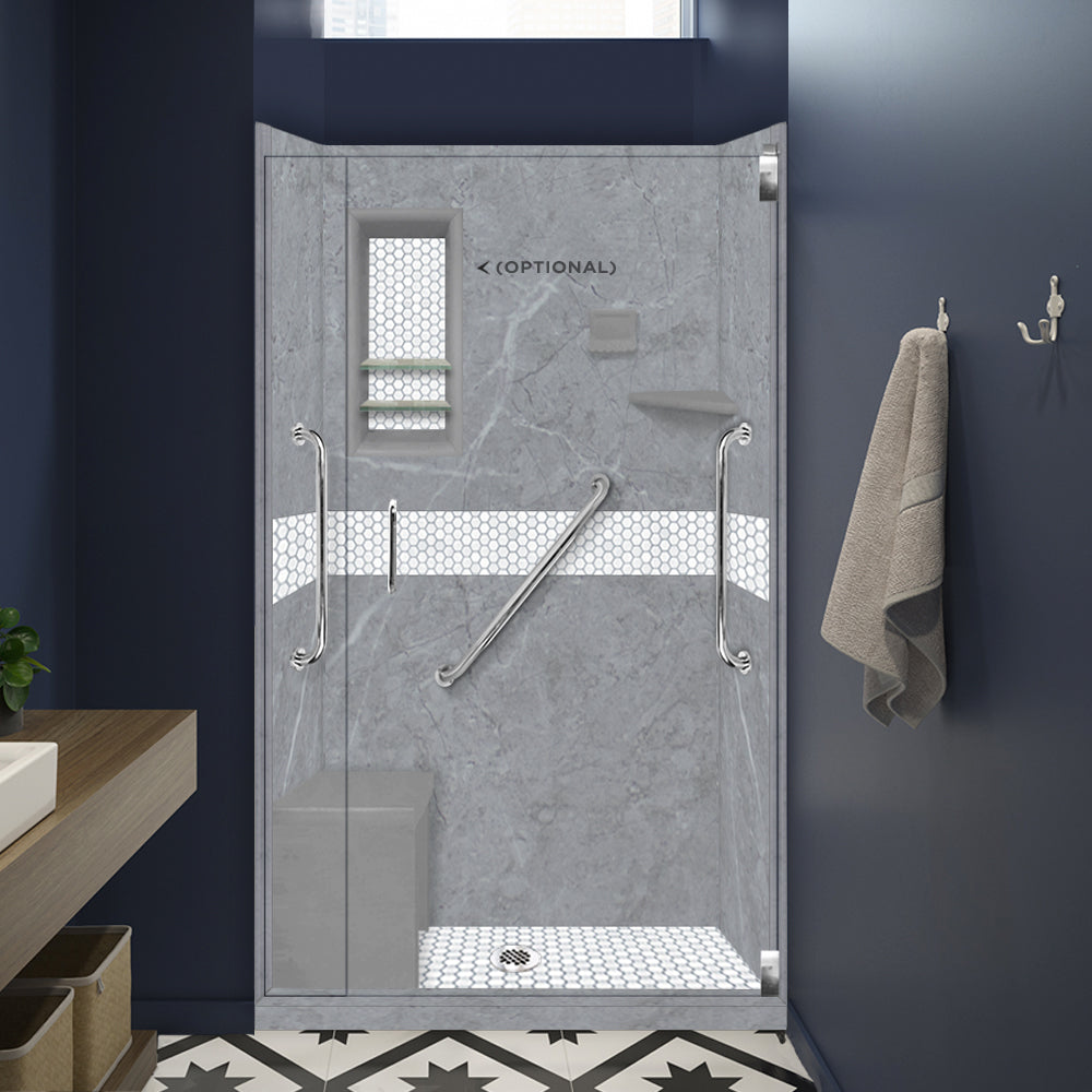 Freedom 60" Alcove Grio Medici Marble & Pearl Hex Mosaic Accent Shower Remodel Kit