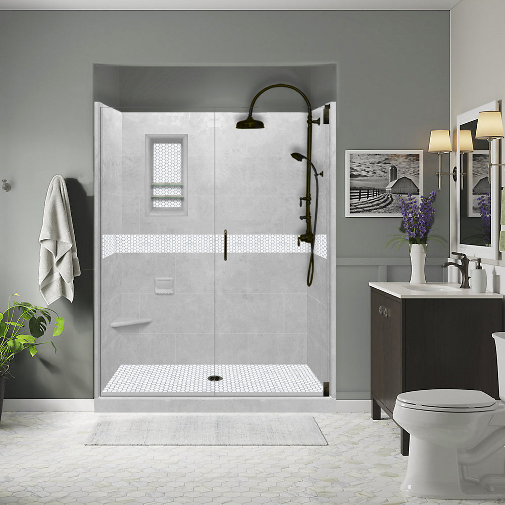 60" Alcove Portland Cement Sistine Stone & Pearl Hex Mosaic Accent ("DIY Shower Remodel Kit")