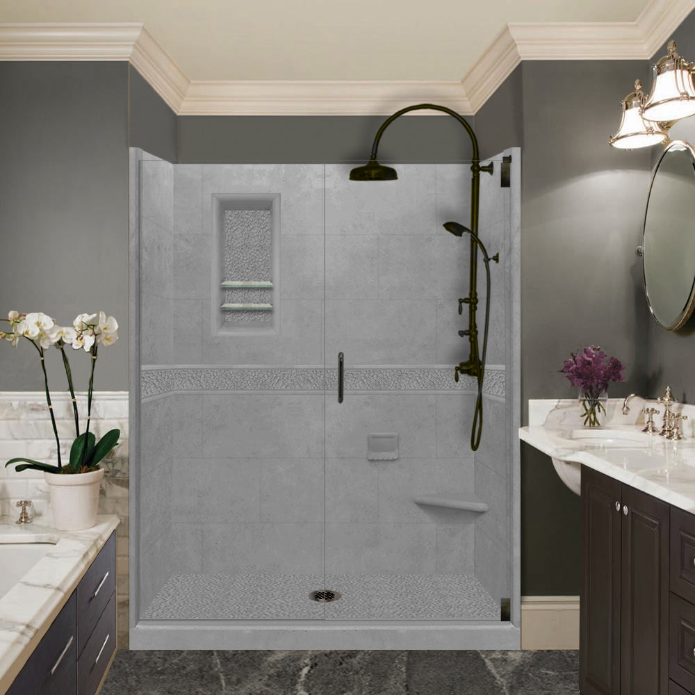 60" Alcove Wet Cement Sistine Stone & Pebble Stone Accent ("DIY Shower Remodel Kit")