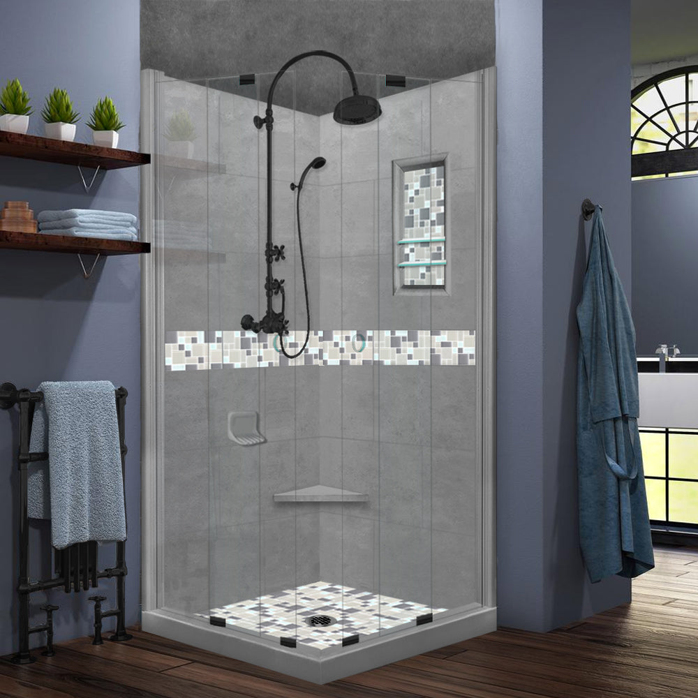 Corner Wet Cement Sistine Stone & Newport Mosaic Accent Shower Remodel Kit