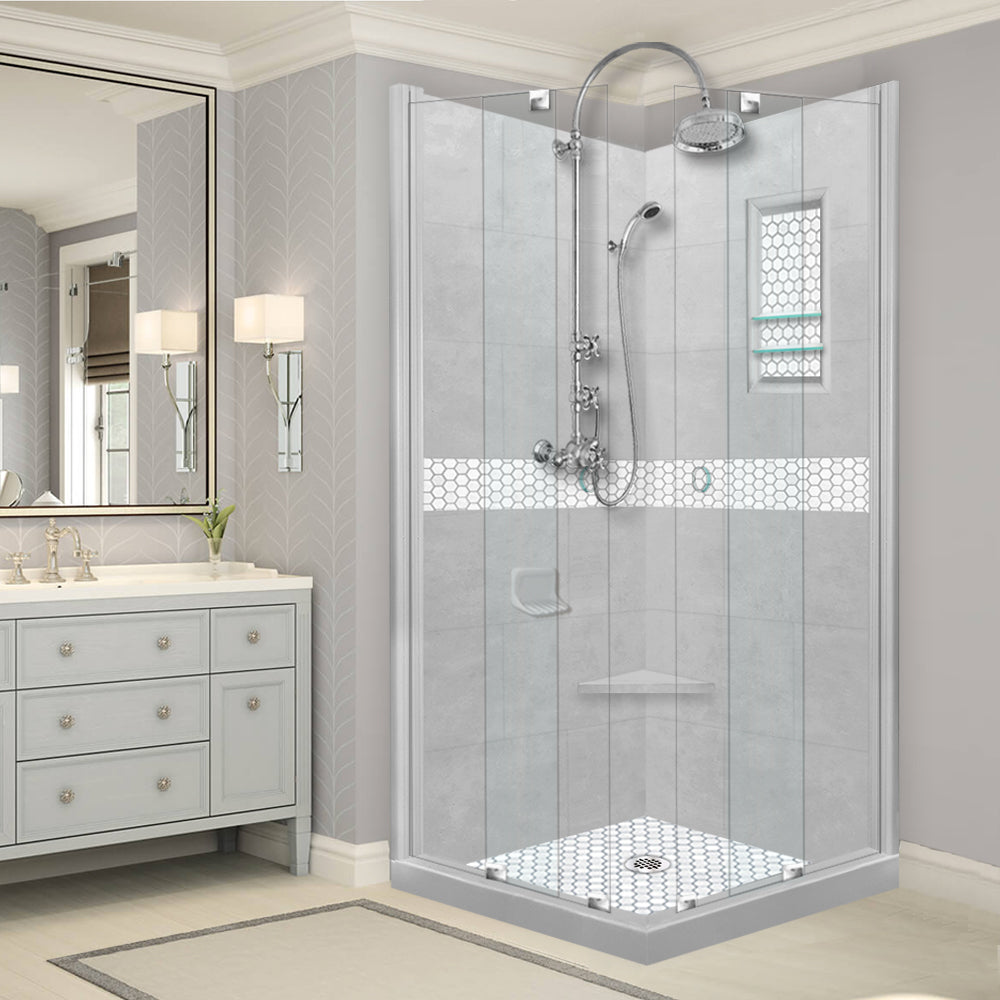 Corner Portland Cement Sistine Stone & Pearl Hex Mosaic Accent Shower Remodel Kit