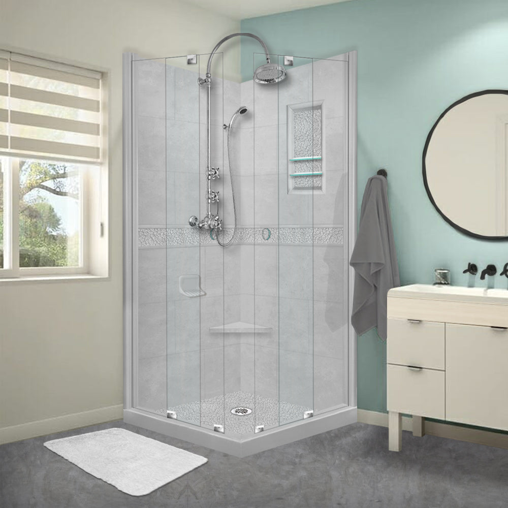 Corner Portland Cement Sistine Stone & Pebble Stone Accent Shower Remodel Kit