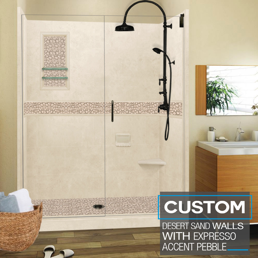 60" Alcove Desert Sand Sistine Stone & Pebble Stone Accent Shower Remodel Kit