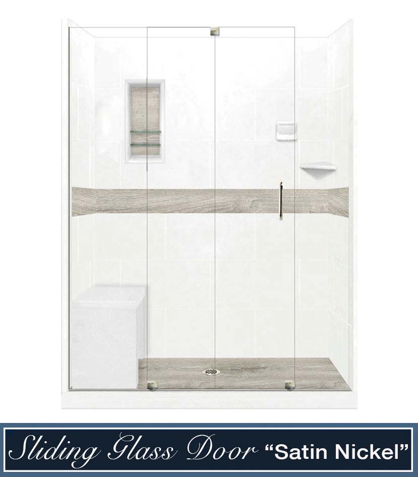 Clearance-60" X 30" Natural Buff Sterling Oak Center Drain Alcove Shower Kit W/Slider Glass Door