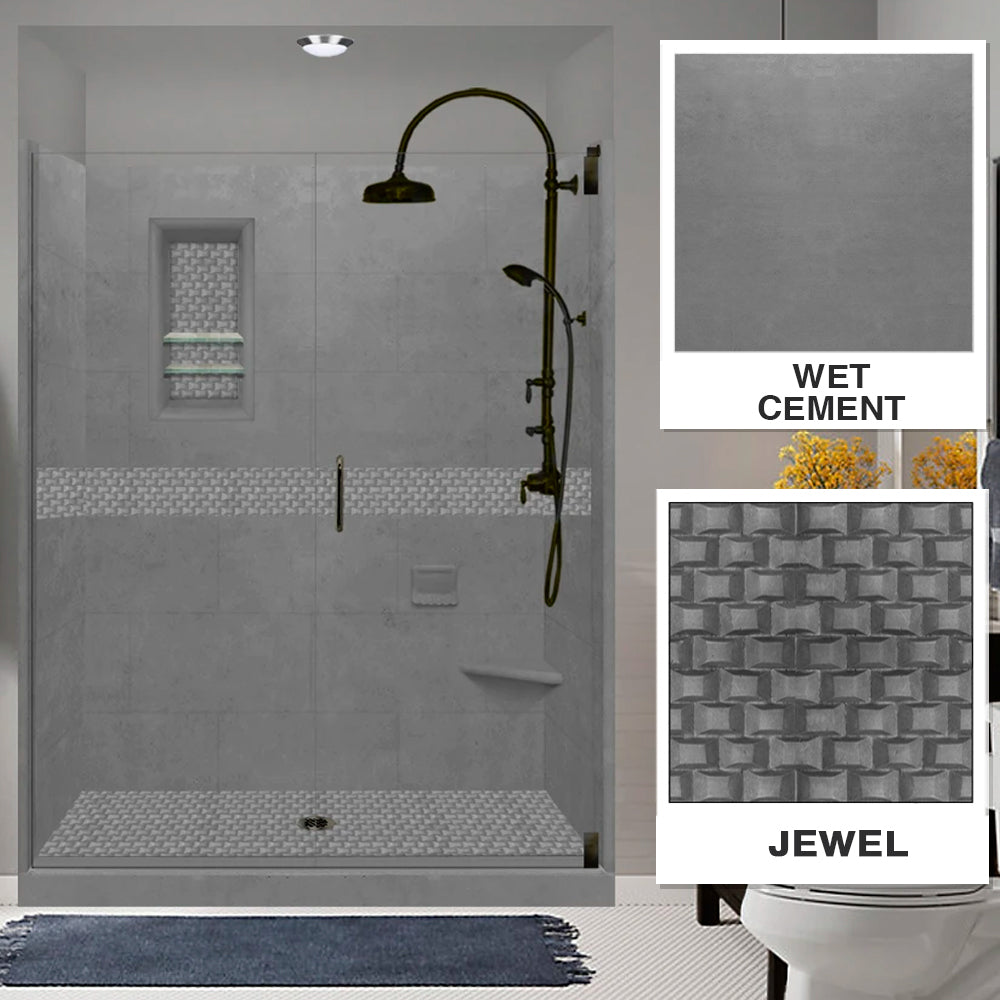 60" Alcove Wet Cement Sistine Stone & Jewel Stone Accent ("DIY Shower Remodel Kit")