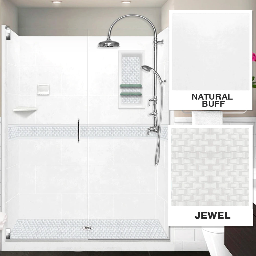 60" Alcove Natural Buff Sistine Stone & Jewel Stone Accent ("DIY Shower Remodel Kit")