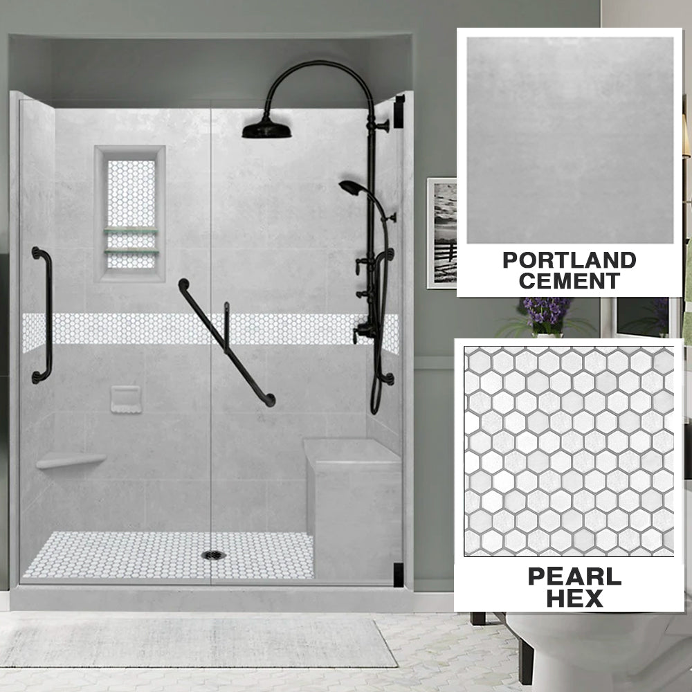 Freedom 60" Alcove Portland Cement Sistine Stone & Pearl Hex Mosaic Accent ("DIY Shower Remodel Kit")