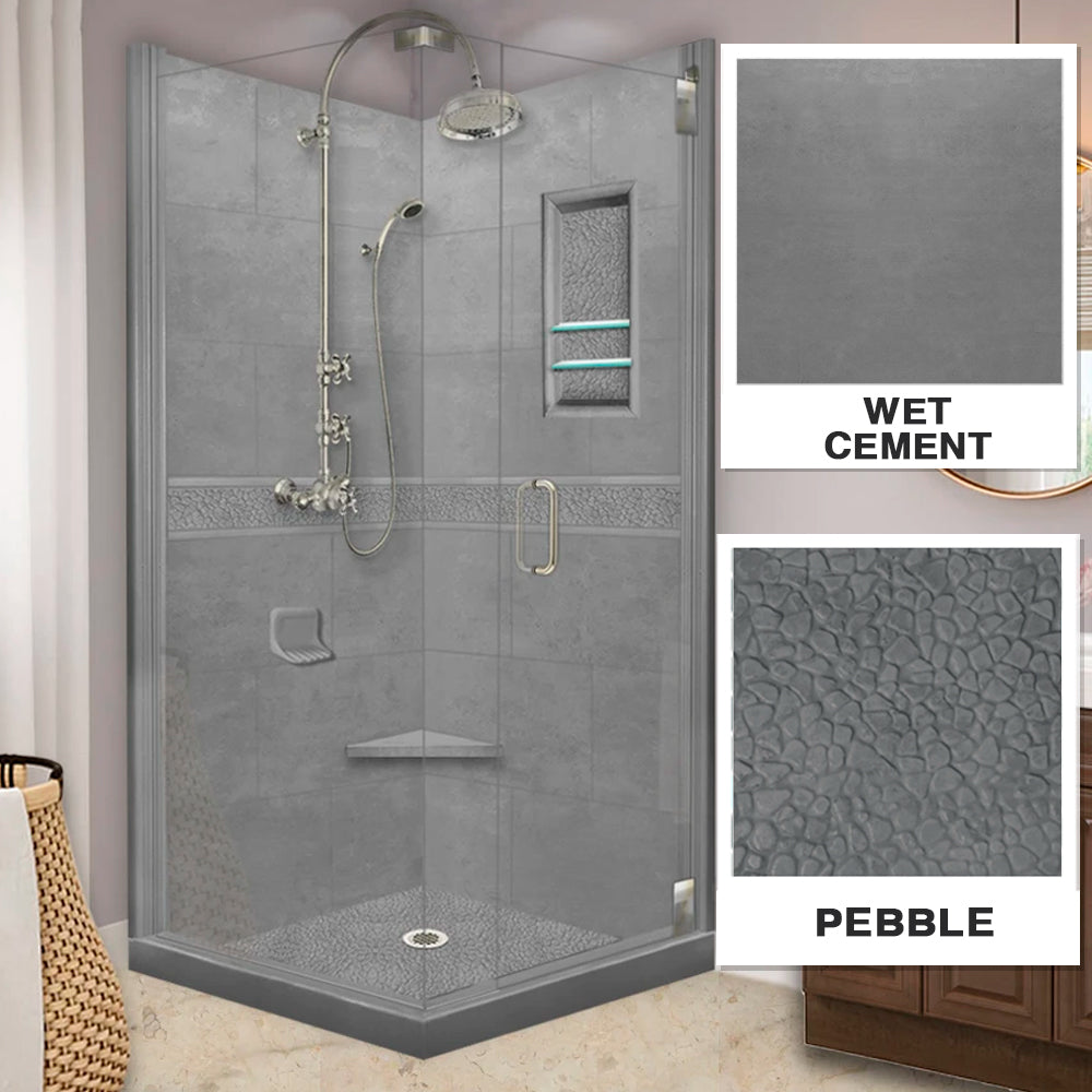Corner Wet Cement Sistine Stone & Pebble Stone Accent Shower Remodel Kit