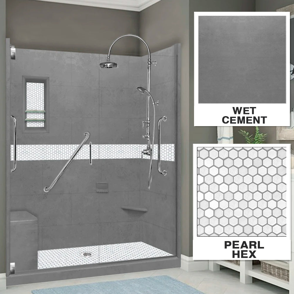 Freedom 60" Alcove Wet Cement Sistine Stone & Pearl Hex Mosaic Accent ("DIY Shower Remodel Kit")