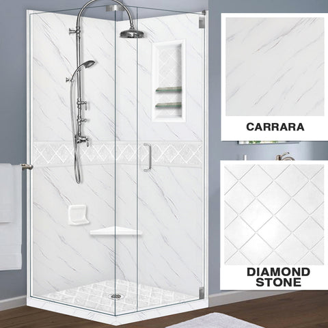 Carrara Marble Diamond Corner Shower Enclosure Kit
