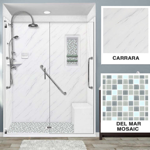 Freedom Carrara Marble Del Mar Mosaic Alcove Shower Enclosure Kit