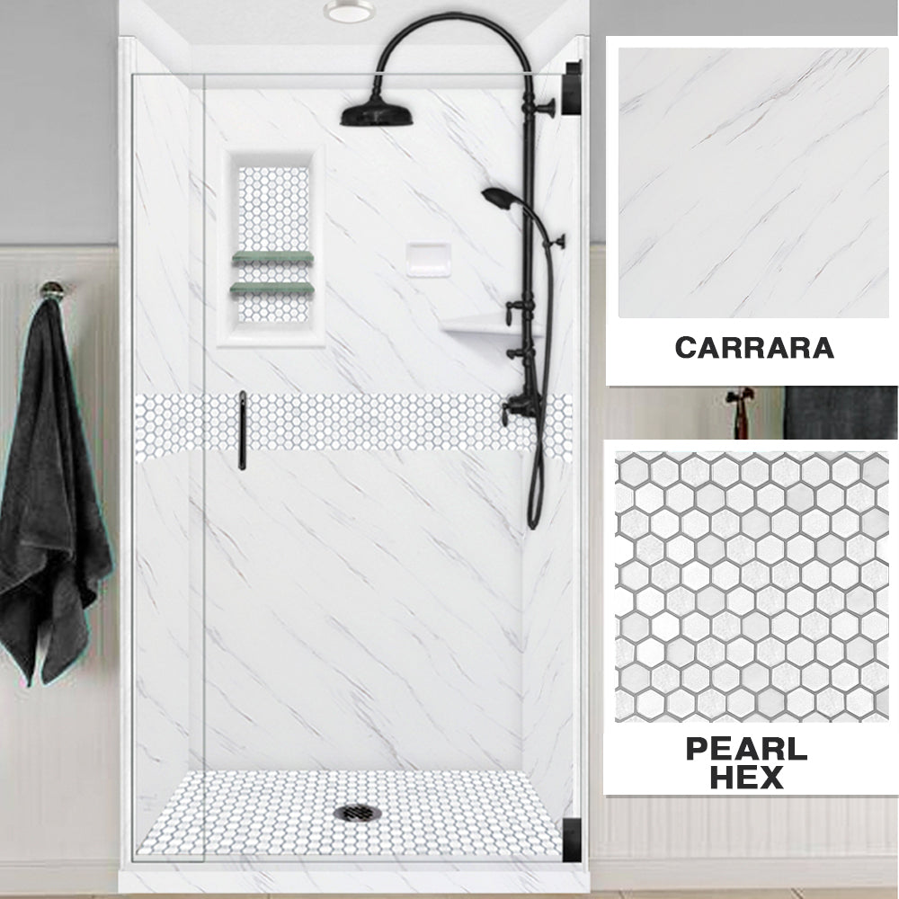 60" Alcove Carrara Medici Marble & Pearl Hex Mosaic Accent ("DIY Shower Remodel Kit")