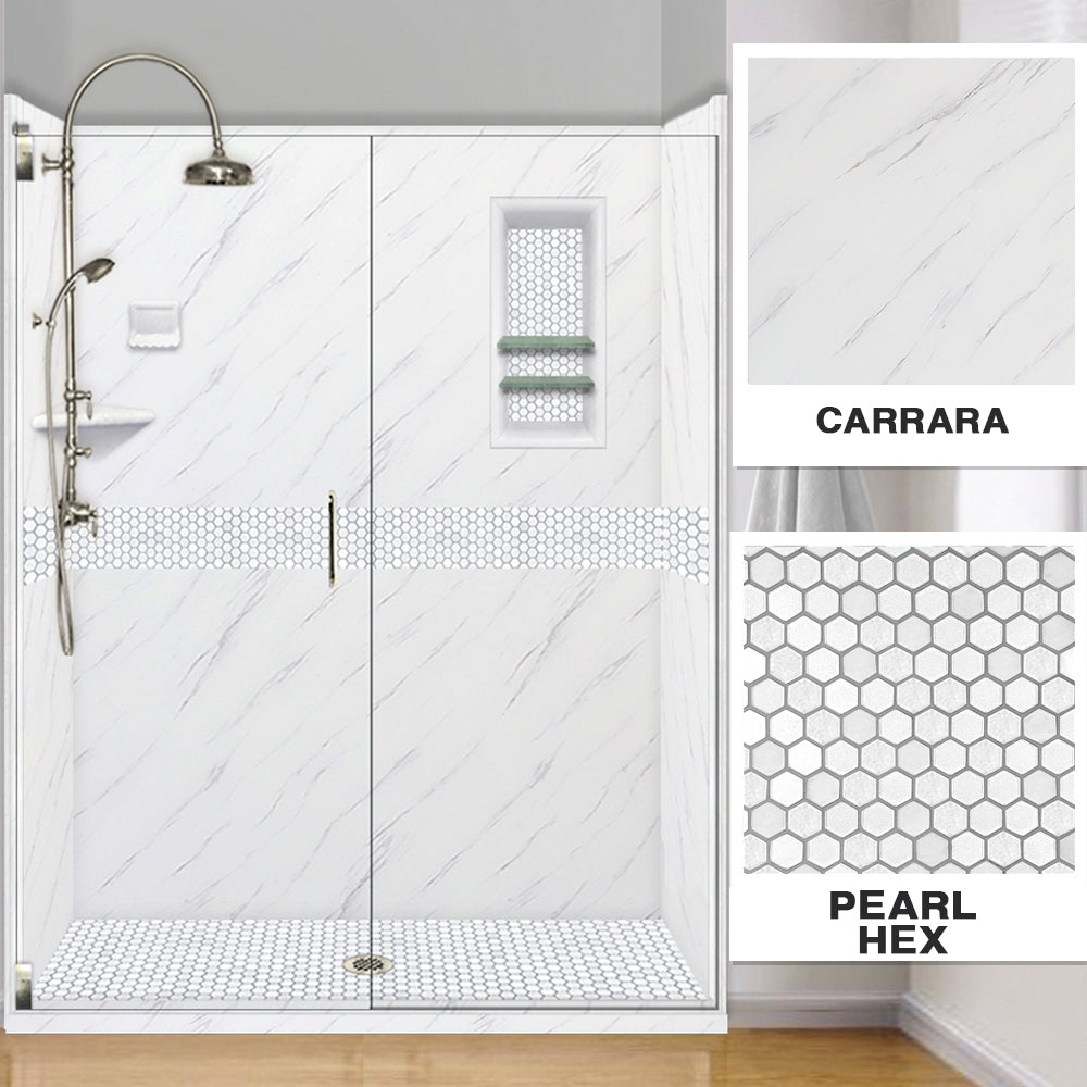 60" Alcove Carrara Medici Marble & Pearl Hex Mosaic Accent ("DIY Shower Remodel Kit")