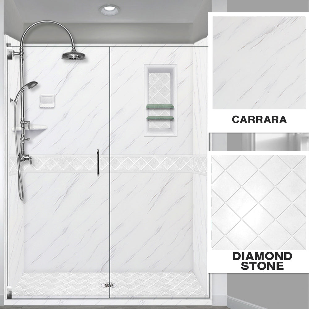 60" Alcove Carrara Medici Marble & Diamond Stone Accent ("DIY Shower Remodel Kit")