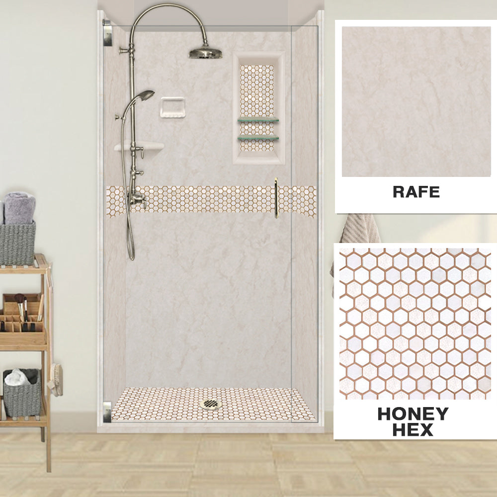 60" Alcove Rafe Medici Marble & Honey Hex Mosaic Accent ("DIY Shower Remodel Kit")