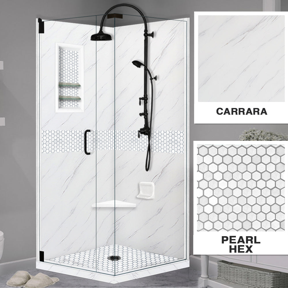 Carrara Marble Pearl Hex Mosaic Corner Shower Enclosure Kit