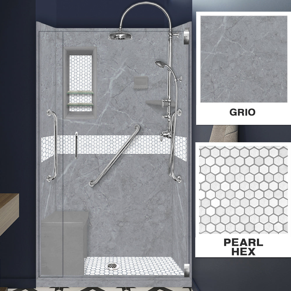 Freedom 60" Alcove Grio Medici Marble & Pearl Hex Mosaic Accent Shower Remodel Kit