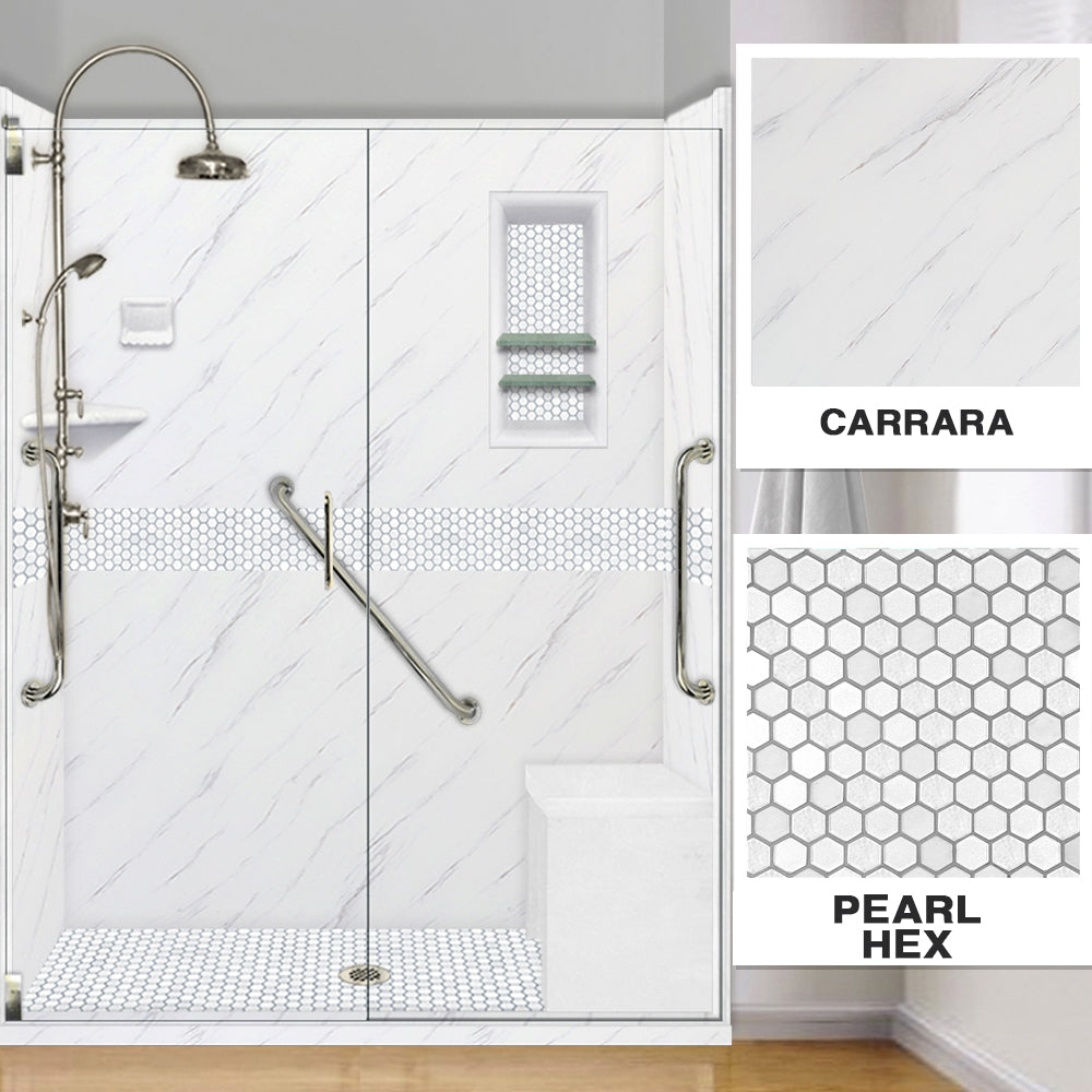 Freedom Carrara Marble Pearl Hex Mosaic Alcove Shower Enclosure Kit