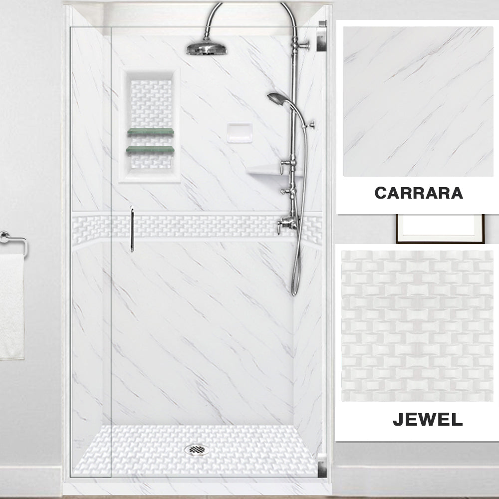 60" Alcove Carrara Medici Marble & Jewel Stone Accent ("DIY Shower Remodel Kit")