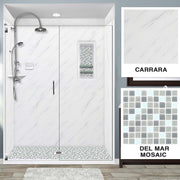 60" Alcove Carrara Medici Marble & Del Mar Mosaic Accent Shower Remodel Kit