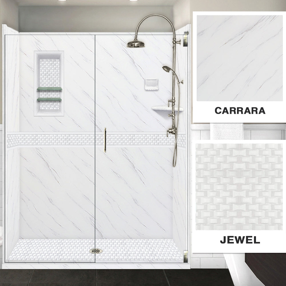 60" Alcove Carrara Medici Marble & Jewel Stone Accent ("DIY Shower Remodel Kit")