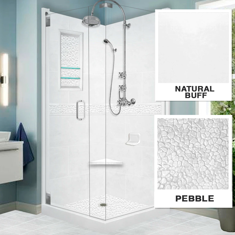 Corner Natural Buff Sistine Stone & Pebble Stone Accent Shower Remodel Kit
