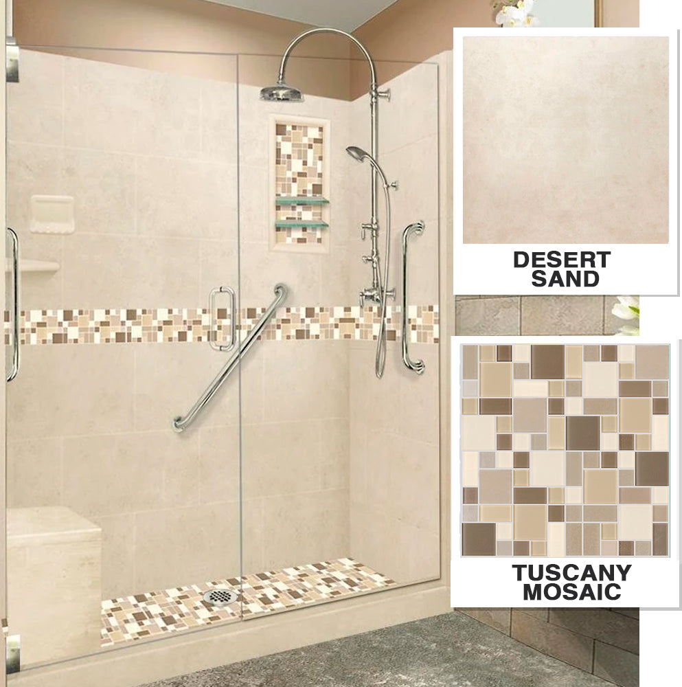 Freedom Tuscany Mosaic Desert Sand 60" Alcove Stone Shower Enclosure Kit