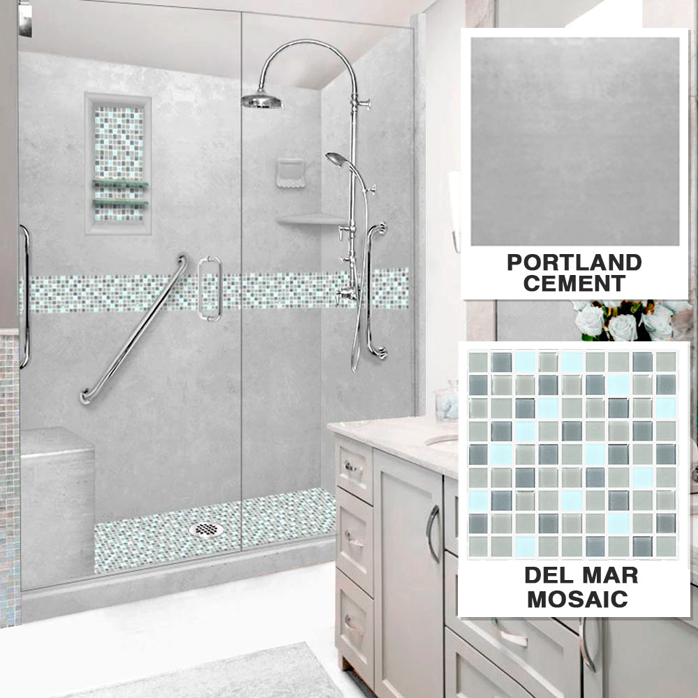 Freedom Portland Cement Del Mar Mosaic 60" Alcove Stone Shower Enclosure Kit