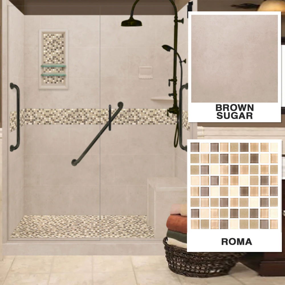 Freedom Roma Mosaic Brown Sugar 60" Alcove Stone Shower Enclosure Kit